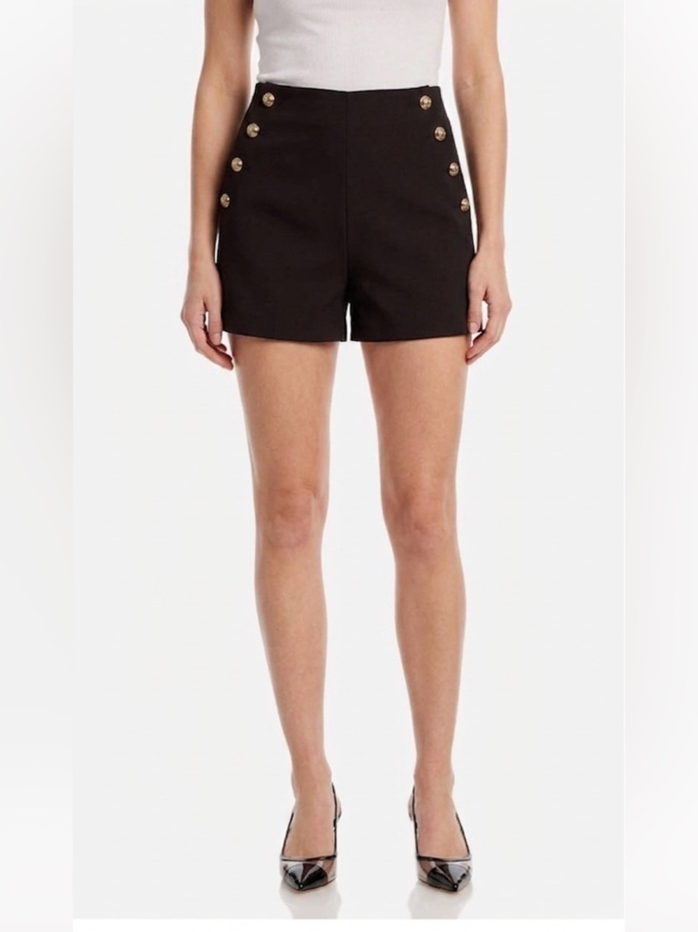 Aqua Black High-Waist Shorts with Gold Button Detail
